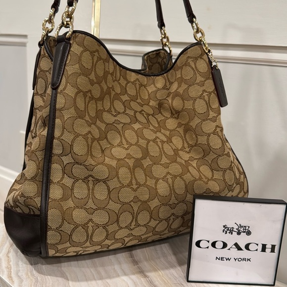 Coach Handbags - Coach Bag Tan Signature Jacquard Monogram Shoulder Bag with Leather Trim